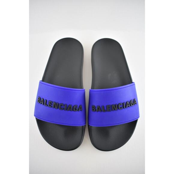 Balenciaga Black Blue Bicolor Rubber Logo Slide On Pool Sandal Flip Flop Flat 39 - Picture 5 of 12